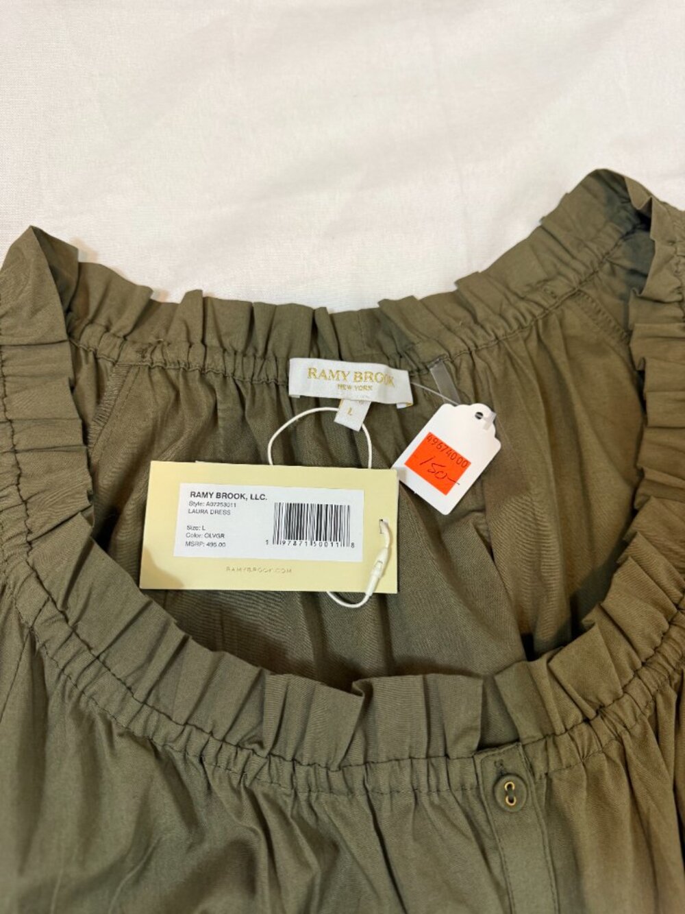 Ramy Brook Laura Dress L Olive Green Midi Puff Sleeve Smocked Waist NWT - Picture 7 of 8